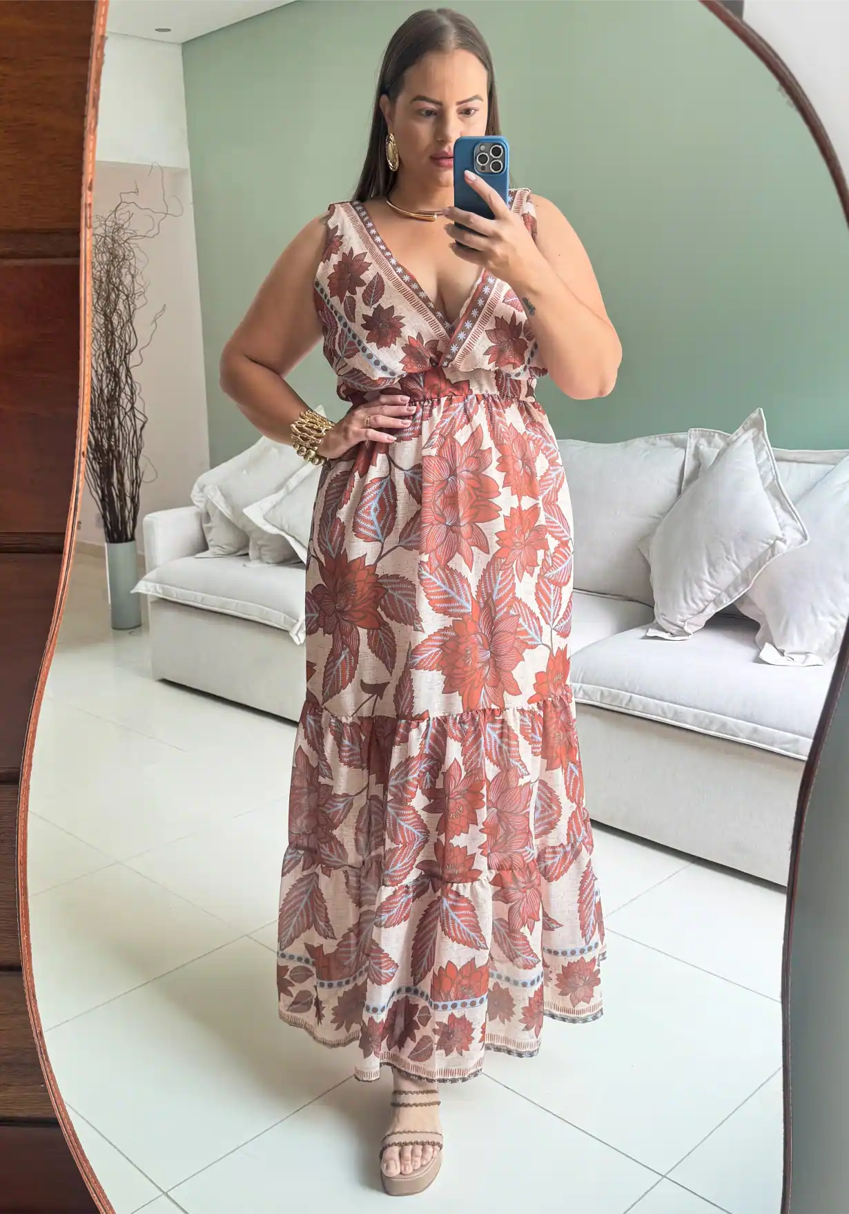 Vestido Longo Plus Size Sem Manga Ref 207282 Marrie Estampa Marrom