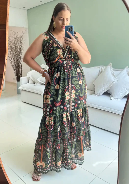 Vestido Longo Plus Size Sem Manga Ref 207282 Marrie Estampa Preto