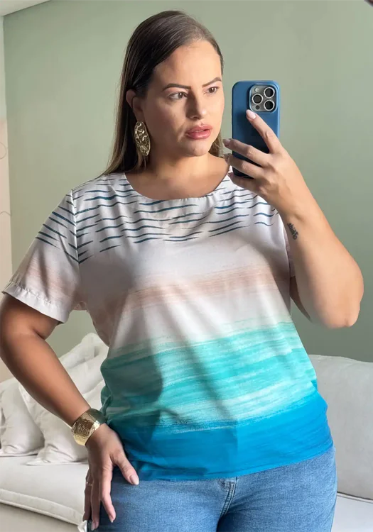 Blusa Feminina Plus Size Manga Curta Ref 4532 Estampa Bege Azul