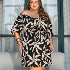 Vestido Plus Size Manga Curta Ref 900779 Preto Bege