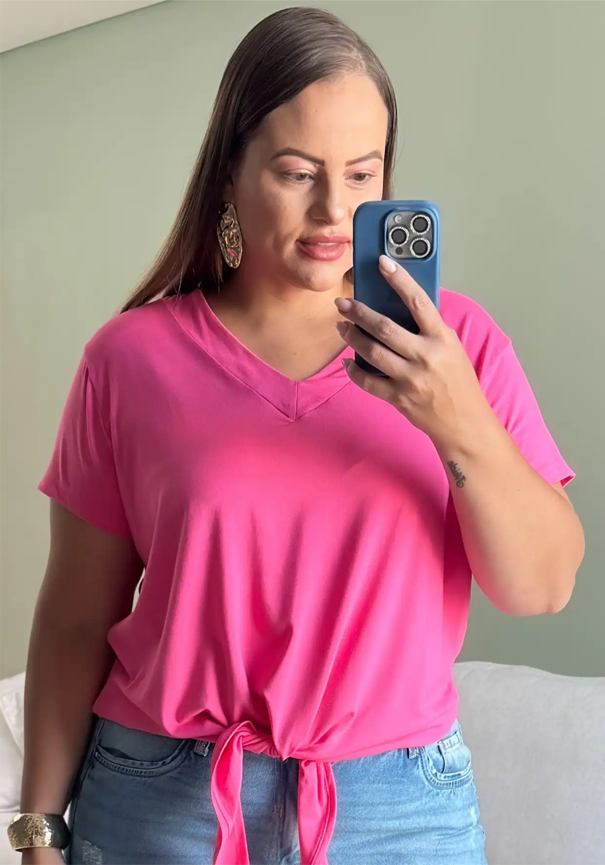 Blusa Feminina Plus Size Manga Curta Ref BMM-008 Rosa