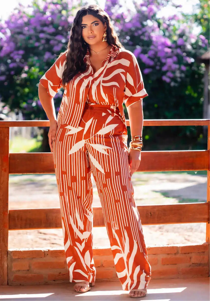 Conjunto Feminino Plus Size Blusa + Calça Ref 12630 Estampa Ferrugem