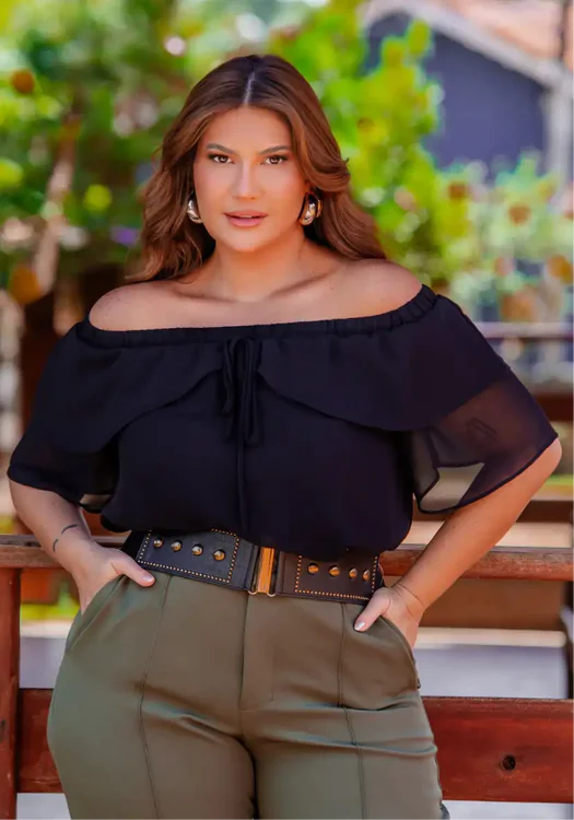 Blusa Feminina Plus Size Manga Curta Ref 12639 Preto DUDA