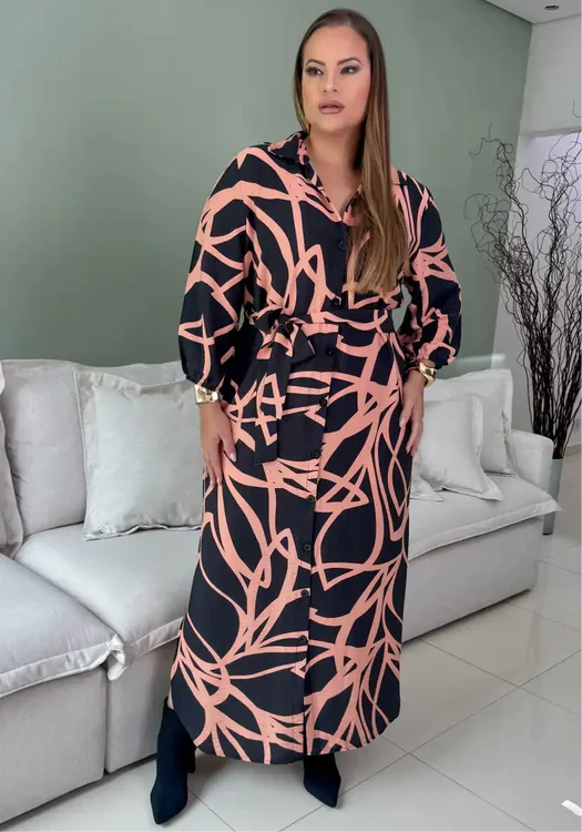 Vestido Mid Plus Size Manga Curta Ref 206681 Estampa Preto Rose