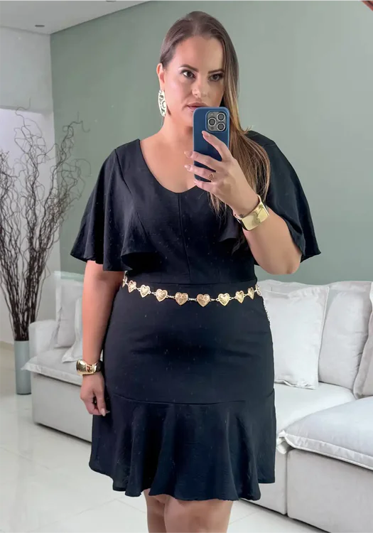 Vestido Plus Size Manga Curta Ref 206879 Preto
