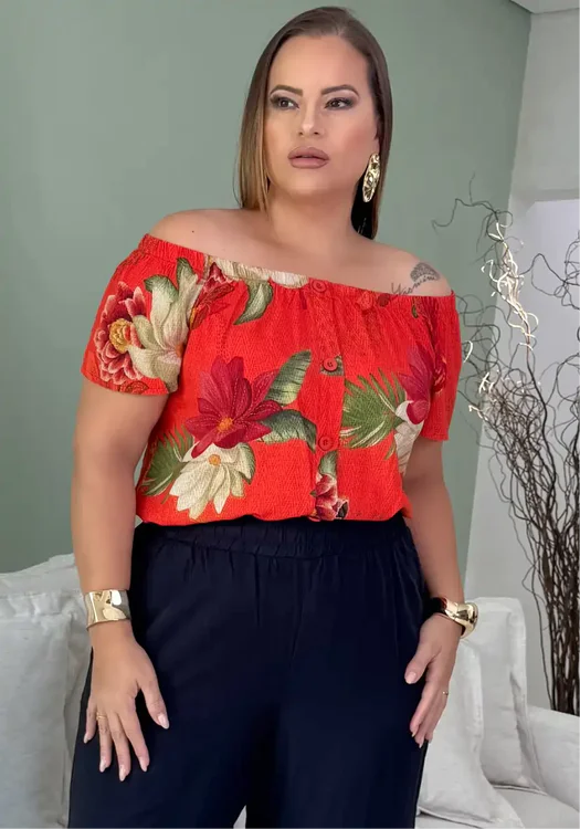 Blusa Feminina Plus Size Manga Curta Ref 222994 Marrie Estampa Vermelho
