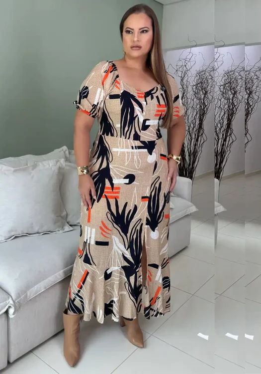 Vestido Mid Plus Size Manga Curta Ref 223075 Marrie Bege