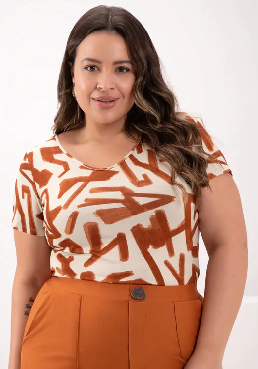 Blusa Feminina Plus Size Manga Curta Ref 69199 Bege Telha