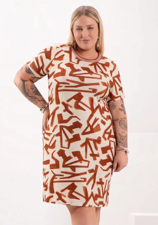 Vestido Plus Size Manga Curta Ref 69209 Bege Telha