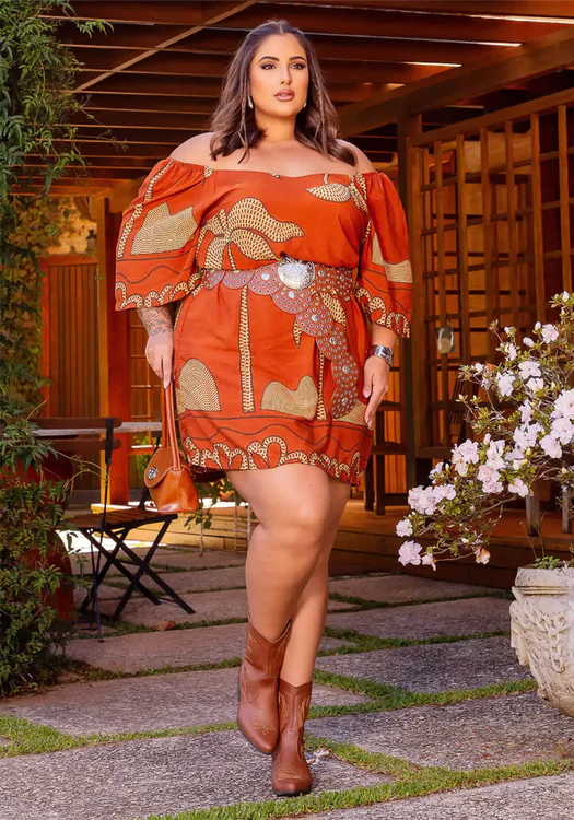 Vestido Plus Size Manga Curta Ref 900777 Estampa Ferrugem