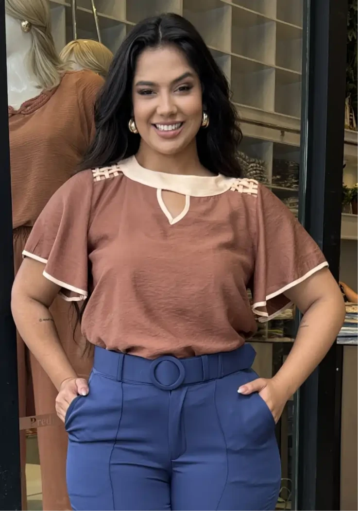 Blusa Feminina Plus Size Manga Curta 12524 Marrom