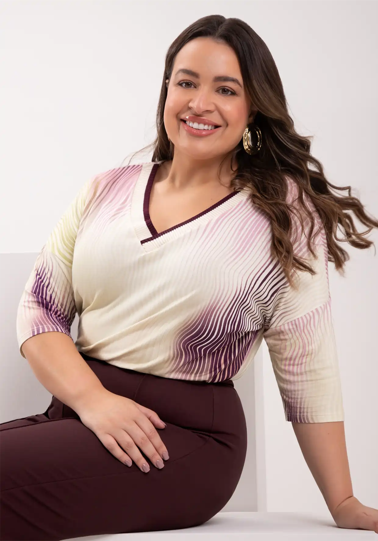 Blusa Feminina Plus Size Manga 3/4 Ref 69165 Estampa Creme