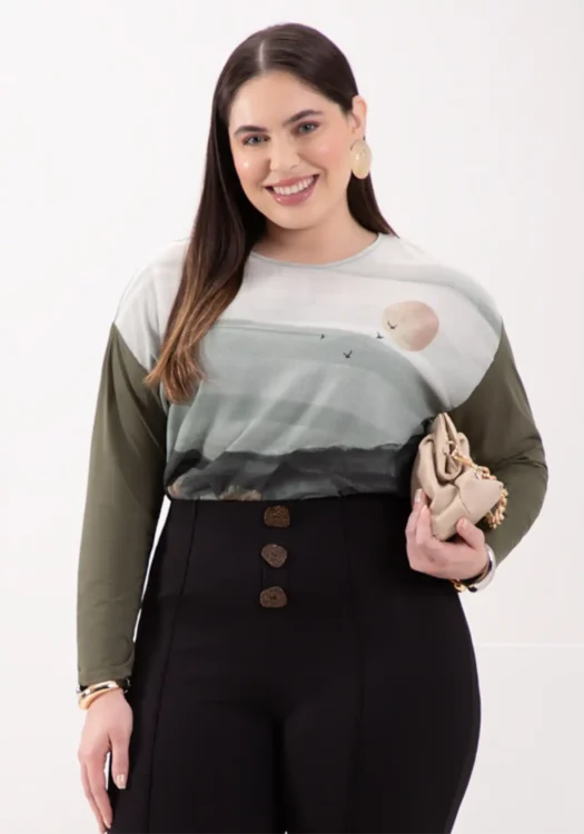 Blusa Feminina Plus Size Manga Longa Ref 69169 Verde
