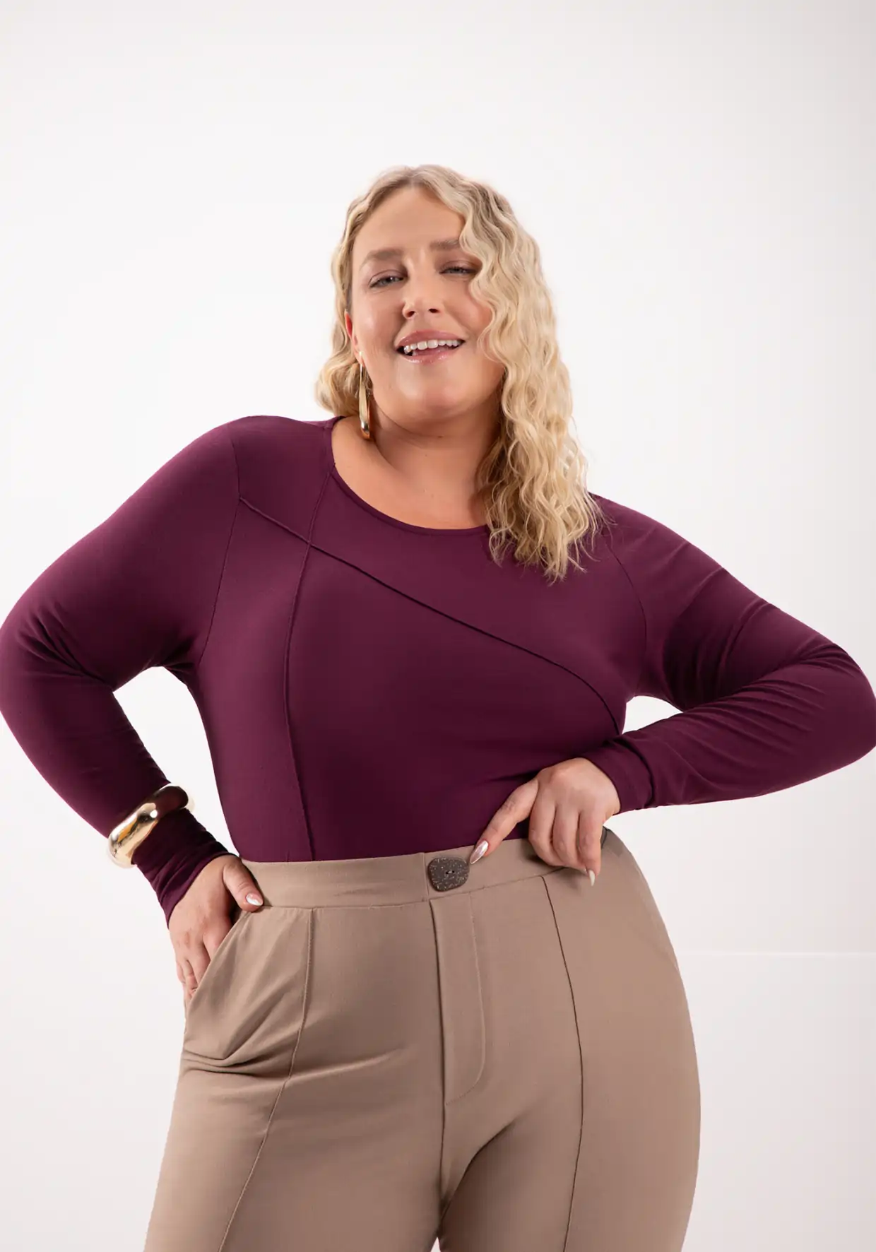 Blusa Feminina Plus Size Manga Longa Ref 69173 Vinho