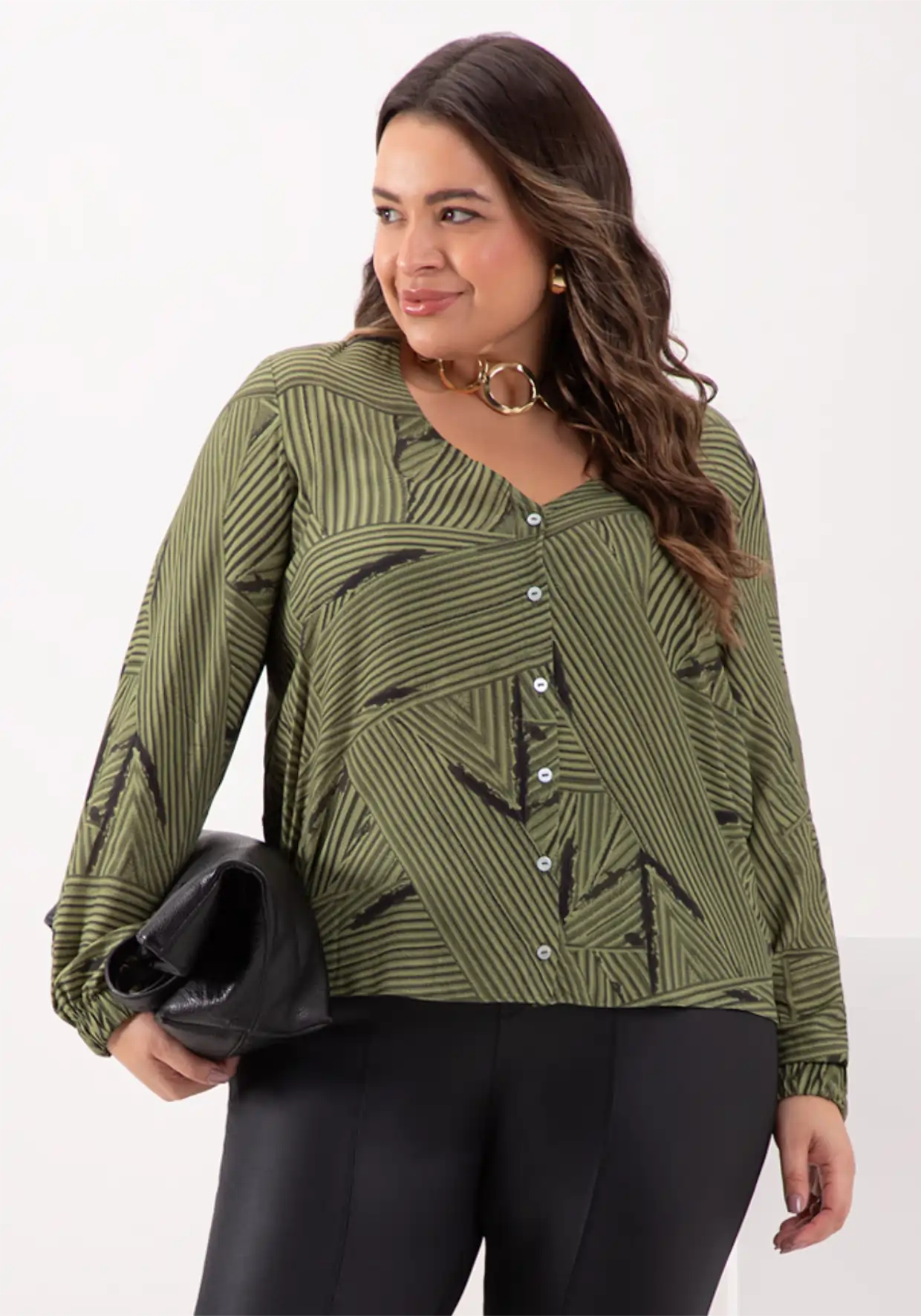 Camisa Feminina Plus Size Manga Longa Ref 69181 Verde
