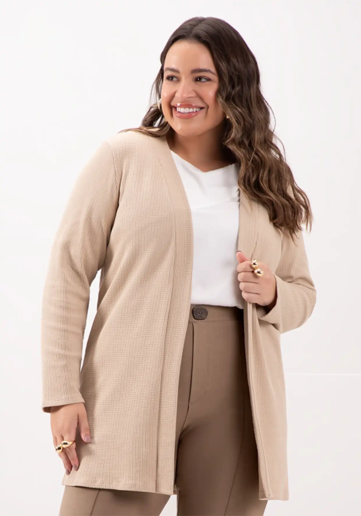 Cardigan Feminino Plus Size Ref 69191 Bege