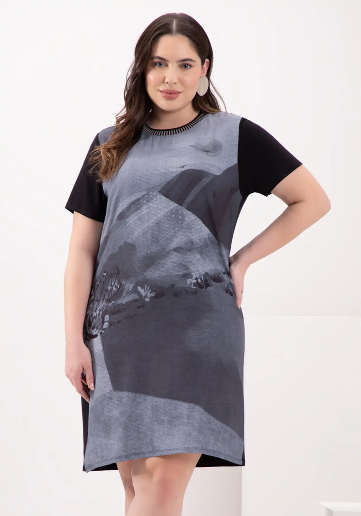 Vestido Plus Size Manga Curta Ref 69208 Cinza