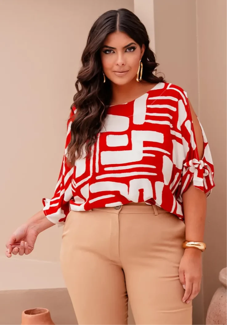 Blusa Feminina Plus Size Manga Curta ref 700849 Vermelho