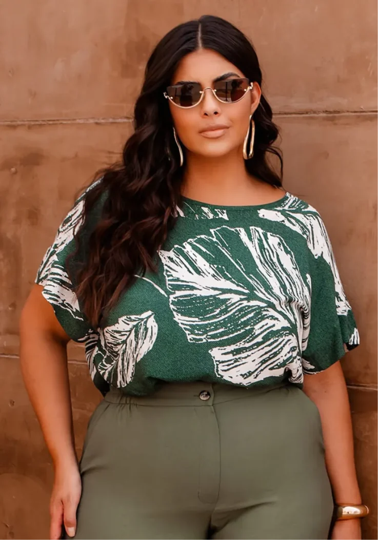 Blusa Feminina Plus Size Manga Curta ref 700854 Estampa Verde