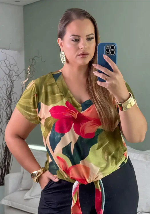Blusa Feminina Plus Size Manga Curta Ref BMM-008 Estampa Verde