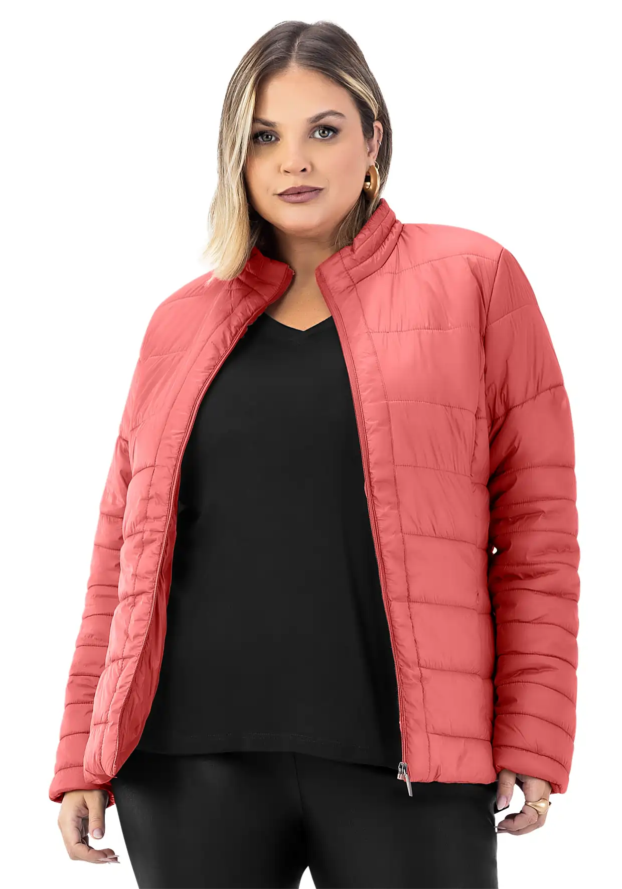Jaqueta Puffer Feminina Plus Size Ref S01118 Rosa