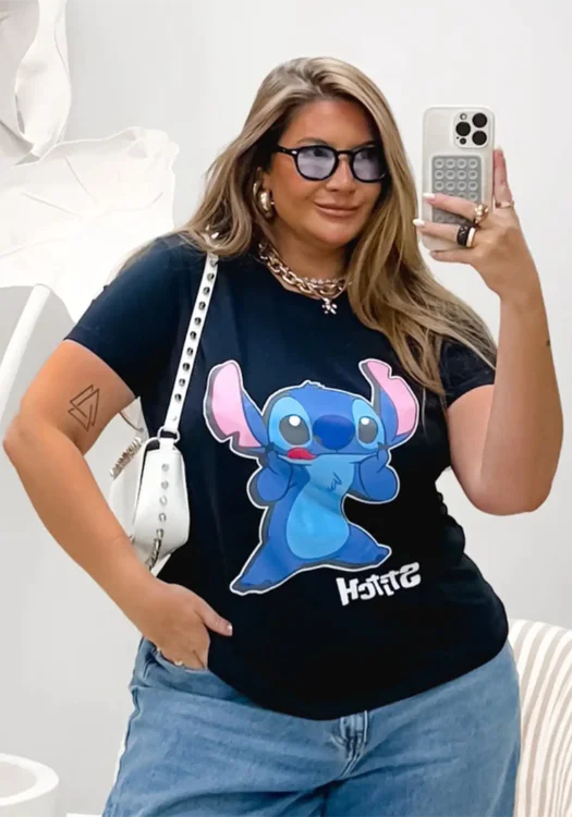 T-Shirt Feminina Plus Size Manga Curta STITCH-004 Preto ANA