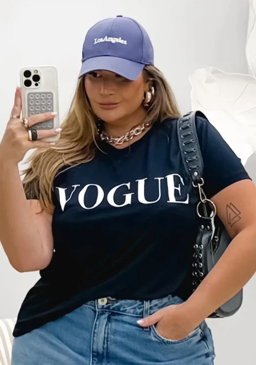 T-shirt Feminina Plus Size Manga Curta Ref Vogue Preto LENE
