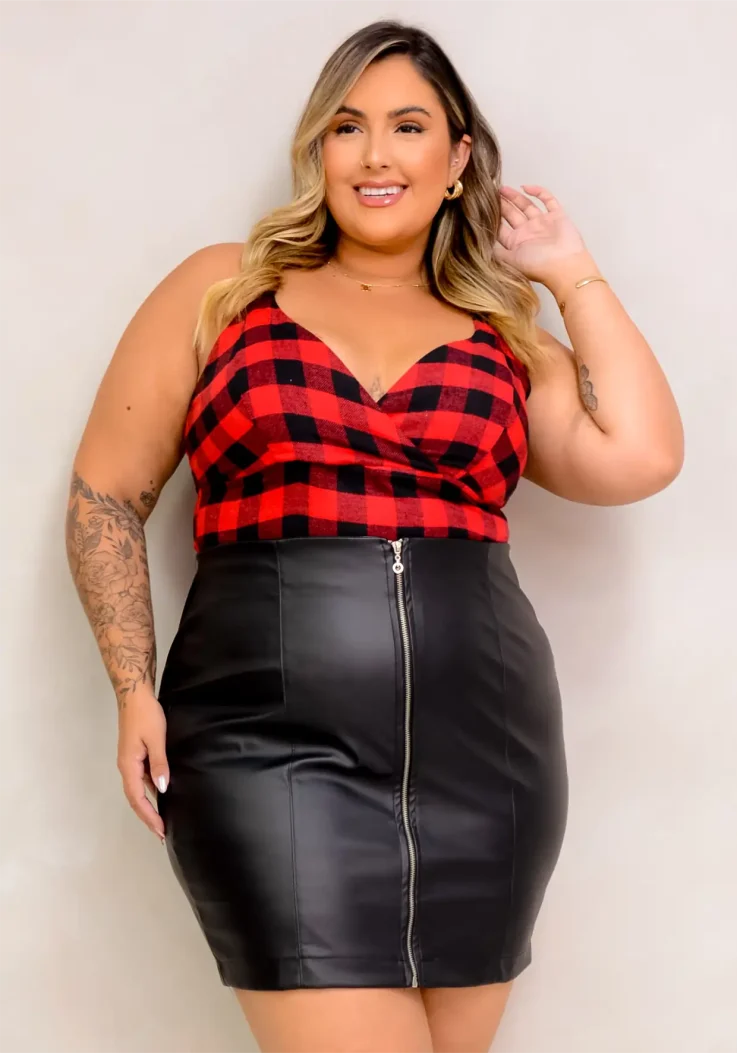 Cropped Feminino Plus Size Sem Manga 206886 Xadrez Vermelho