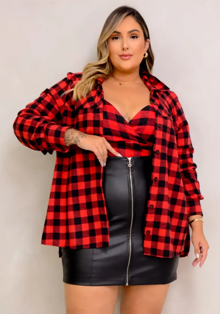 Camisa Feminina Manga Longa Plus Size 207278 Xadrez Vermelho