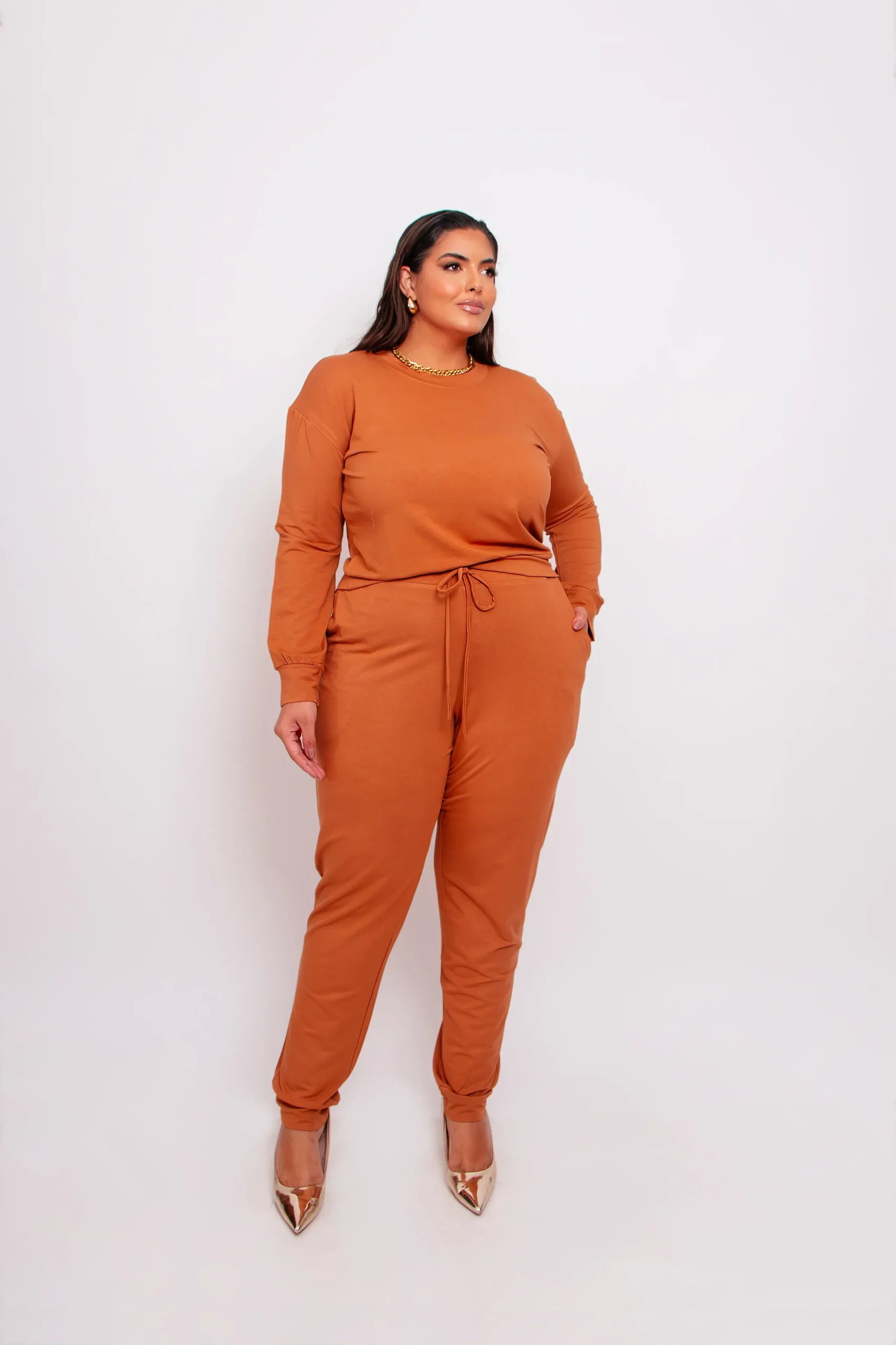 Conjunto Feminino Inverno Blusa Manga Longa + Calça Plus Size Ref 12105 Camelo