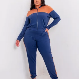 Conjunto Feminino Inverno Blusa Manga Longa + Calça Plus Size Ref 12124 Marinho Caramelo