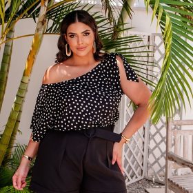 Blusa Feminina Plus Size Manga Curta Ref 12459 Poá Preto
