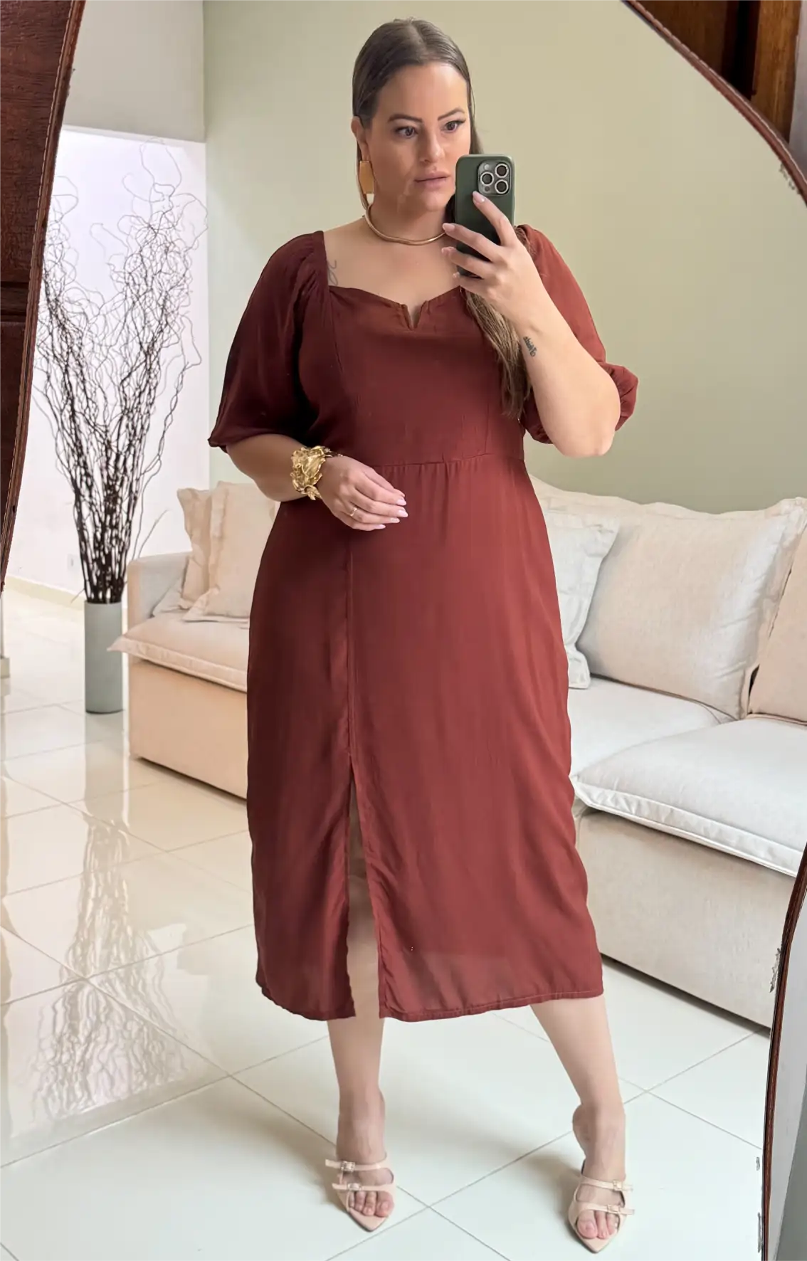 Vestido Midi Manga Curta Plus Size Ref 207146 Marrom