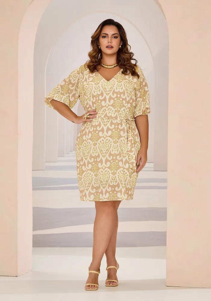 Vestido Manga Curta Plus Size Ref 52140042 Estampa Amarelo DORA