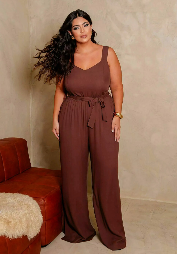 Macacão Longo Feminino Sem Manga Plus Size Ref 900821 Marrom