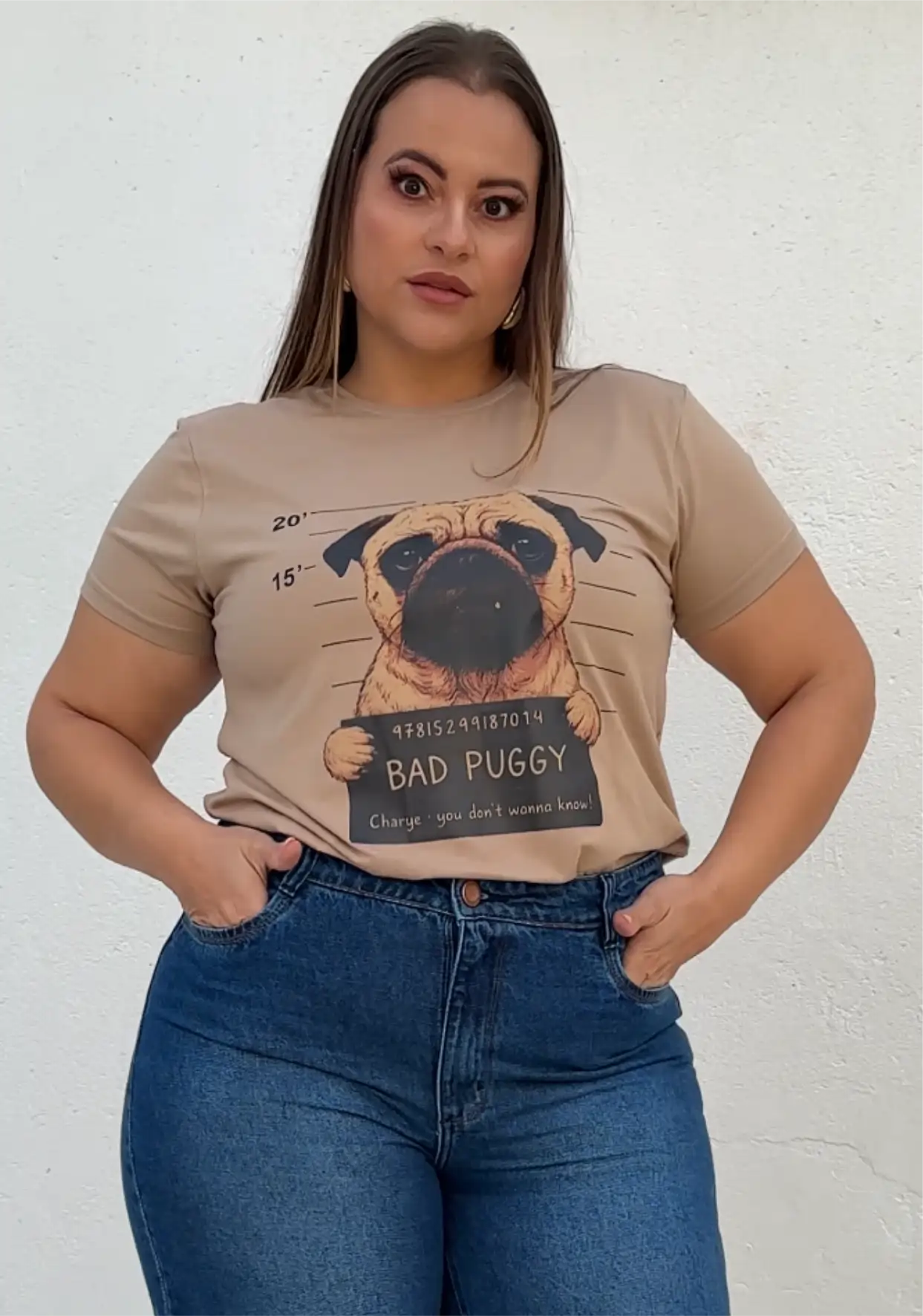 T-shirt Feminina Manga Curta Plus Size Ref Puggy Bege Mocha