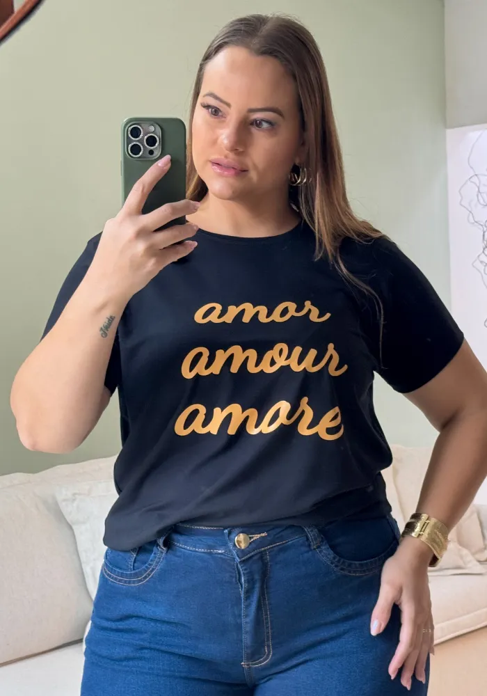 T-shirt Plus Size Feminina Ref Amore Preto LOLA