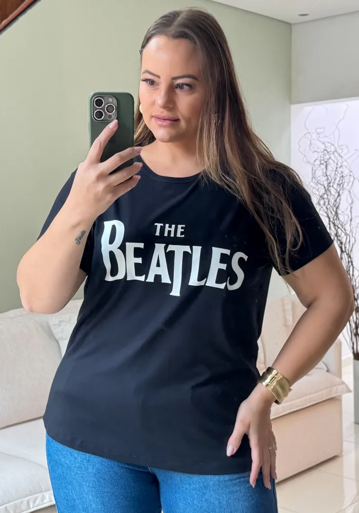 Blusa T-Shirt Feminina Plus Size Mana Curta The Beatles Preto GABI