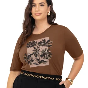 Blusa Feminina Manga Curta Plus Size Ref S01803 Marrom