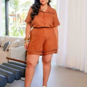 Conjunto Camisa Cropped + Shorts Plus Size Ref 12845 Marrom