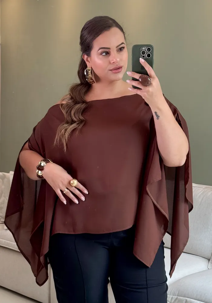 Blusa Feminina Plus Size Manga Curta Ref 207372 Marrom IRIS