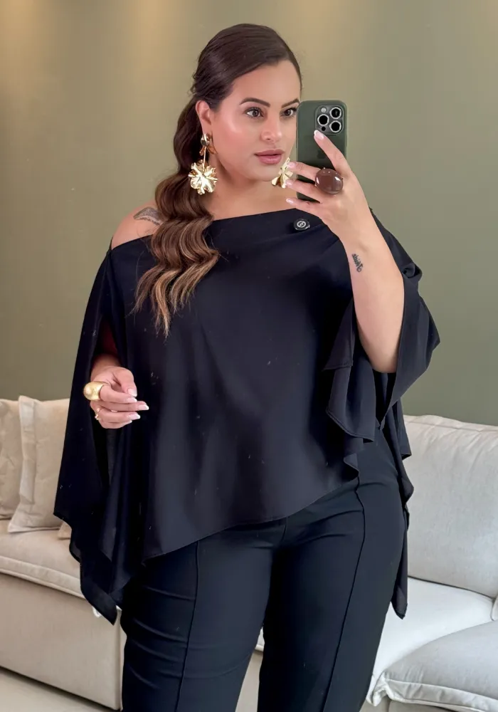 Blusa Feminina Plus Size Manga Curta Ref 207372 Preto IRIS