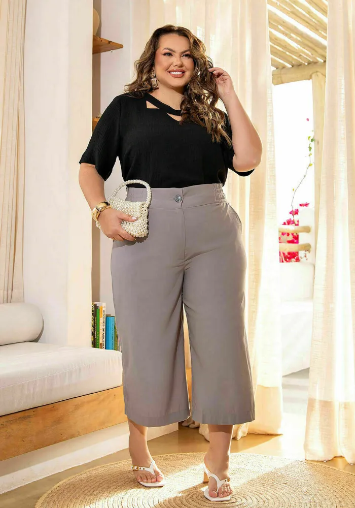 Calça Feminina Pantacourt Plus Size Ref 800267 Cinza