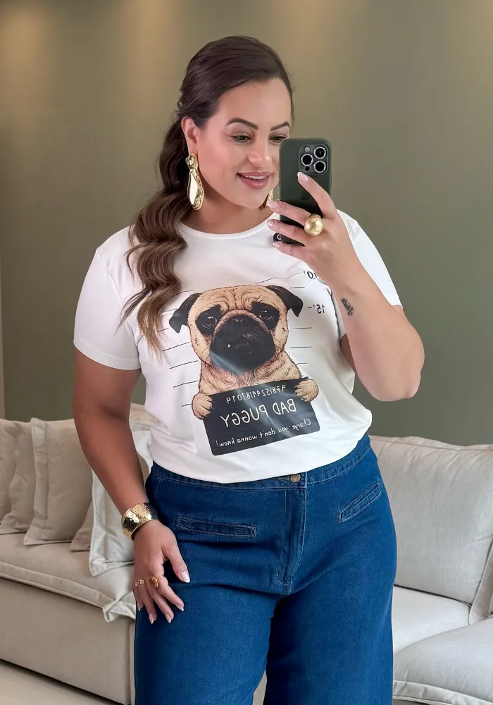 T-shirt Feminina Manga Curta Plus Size Ref Puggy Off White