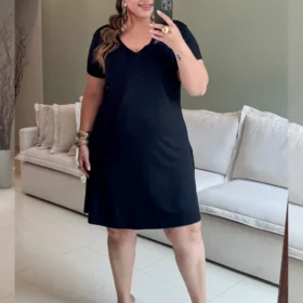 Vestido Plus Size Manga Curta Ref VMM-003 Preto