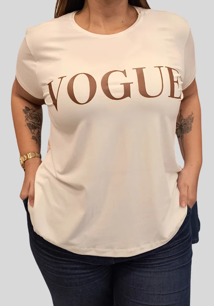 T-shirt Feminina Plus Size Manga Curta Vogue Off White