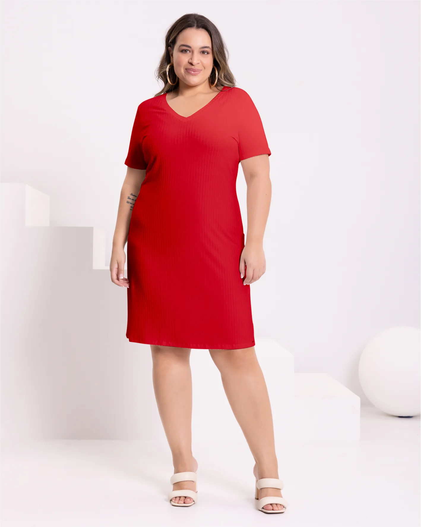 Vestido Plus Size Manga Curta Ref 00478 Vermelho