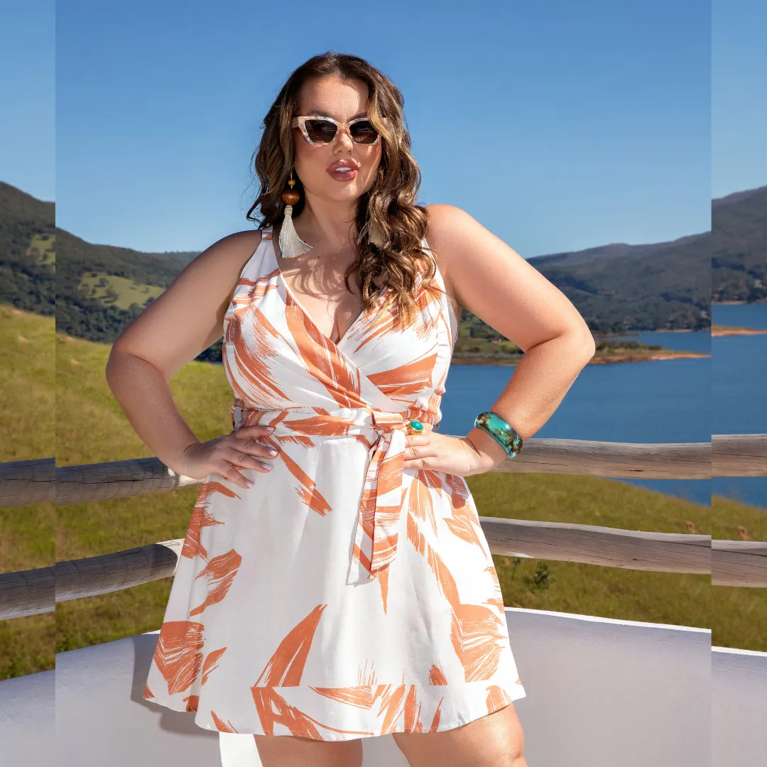 Macaquinho Feminino Sem Manga Plus Size Ref 900831 Estampa Laranja