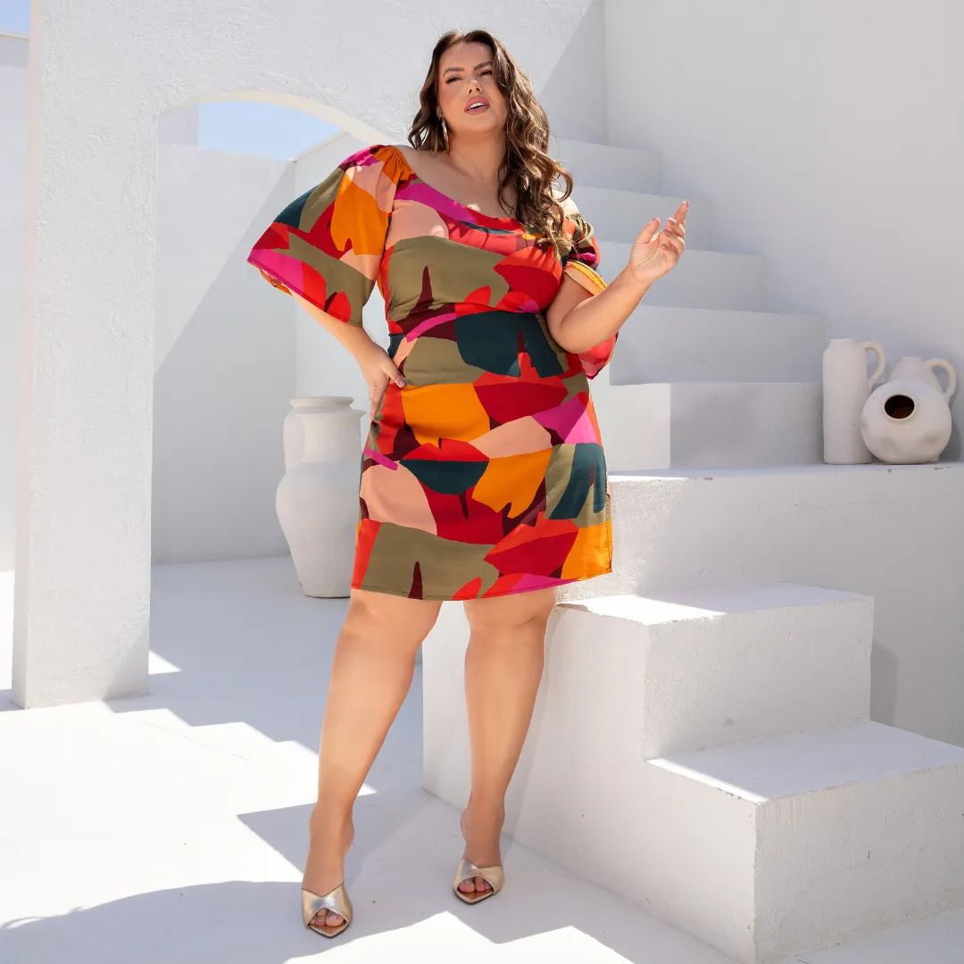 Vestido Manga Curta Plus Size Ref 900846 Estampa Vinho TECA