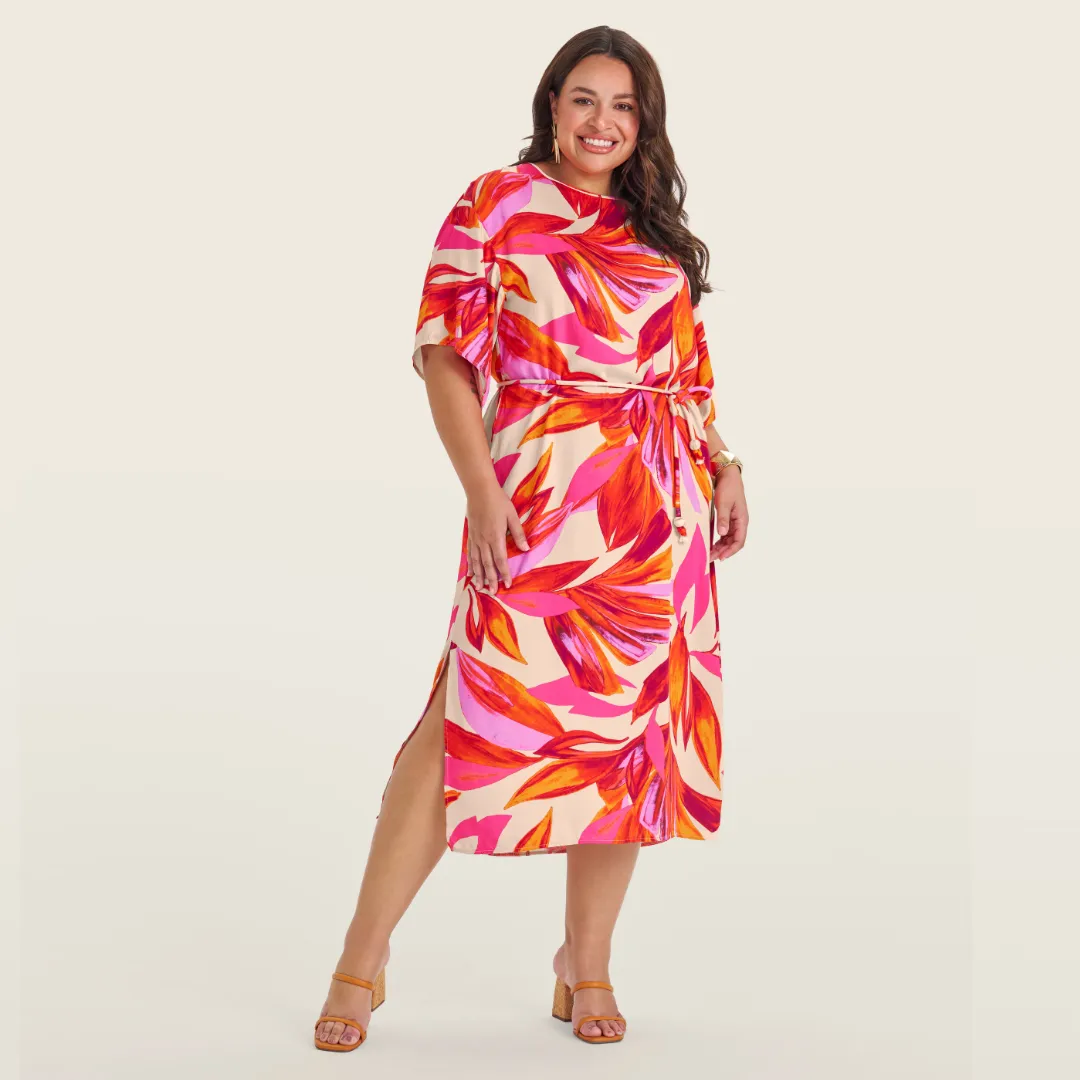 Vestido Mid Manga Curta Plus Size Ref S01886 Estampa Pink TINA